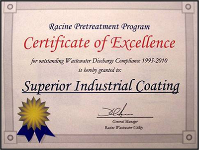 Racine Water Pretreatment Certificate of Excellence